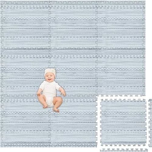 Play Platoon Non-Toxic Large Kids Play Mats for Floor, 9 Tile 72 x 72 inch - Extra-Thick Foam Tiles, 24 x 24 inch Puzzle Mat Pieces, Neutral Playmat Rug for Toddler & Childrens Playroom - Acadia Print