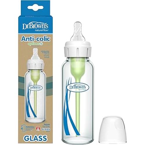 Dr. Brown's Natural Flow Anti-Colic Options+ Narrow Glass Baby Bottle, 8 oz/250 mL, with Level 1 Slow Flow Nipple, 1 Pack, 0m+