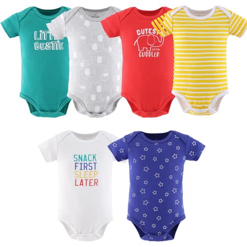 The Peanutshell Baby Bodysuits for Boys and Girls, Short Sleeve Unisex 7 Pack, Newborn to 24 Months, Elephant Brights