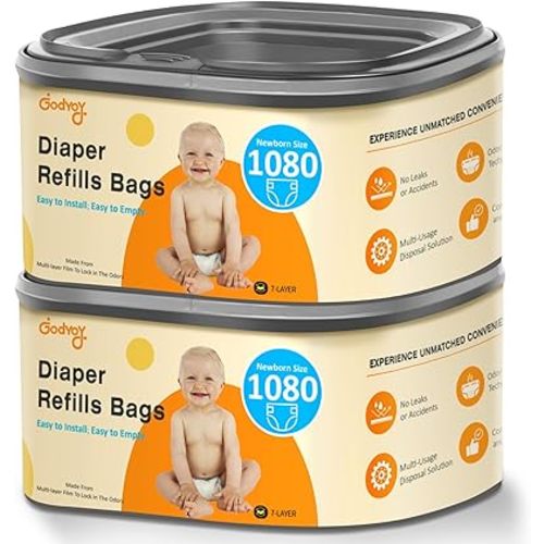 Bolsas de pañales cuadradas jumbo compatibles con Diaper Genie Classic/Compact/Select, capacidad para hasta 1080 pañales de tamaño recién nacido, control de olores y repuesto de eliminación duradera, aroma vegetal, paquete de 2