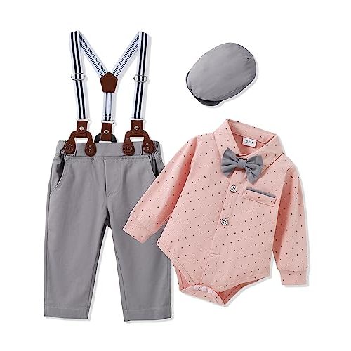 ZOEREA Baby Boy Suit 0-24M Gentleman Outfit Clothes Set Infant Long Sleeve Dress Shirt+Suspender Pants+Bowtie+Beret Hat