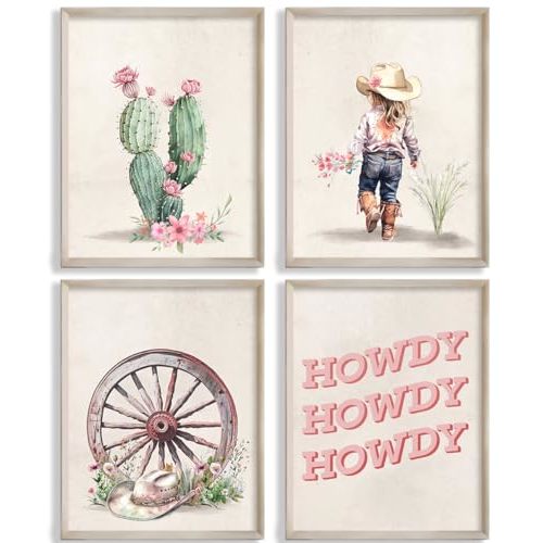 MOCVSWO Western Howdy Cowgirl Cowboy Hat Cactus Desert Wall Art Prints for Cowgirl Nursery Decor And Kids Room Girs Room Decoration,Set Of 4(8''x10''Inches,Unframed).