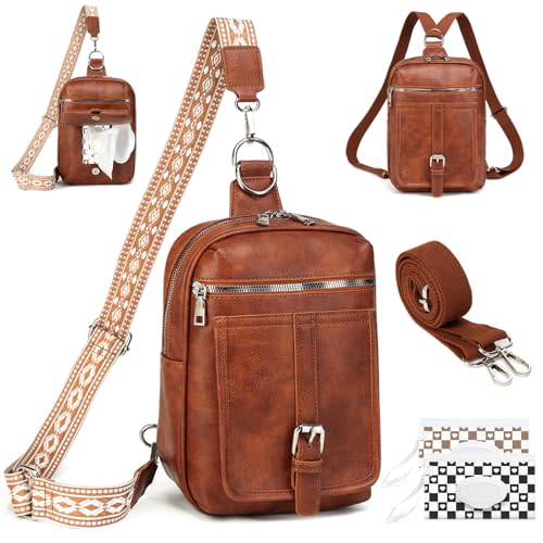 Sling Bag Crossbody Backpack - 2 in 1 Leather Cross Body Bag Fanny Pack with 2 Removable Straps