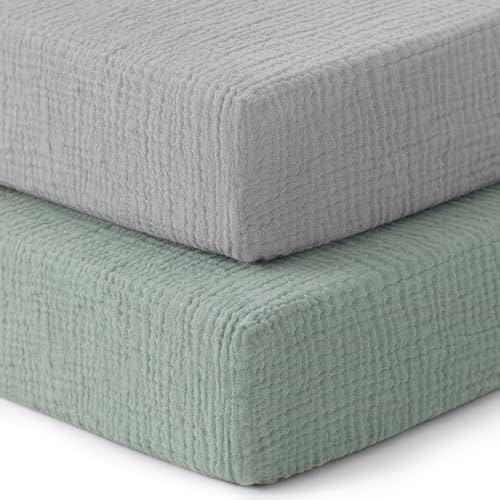 Pro Goleem 2 Pack Muslin Crib Sheets for Boys and Girls, Soft Breathable Neutral Fitted Cotton Baby Bed Sheets Set for Standard Crib Mattress & Toddler Mattress 52"x28", (Grey＆Green)