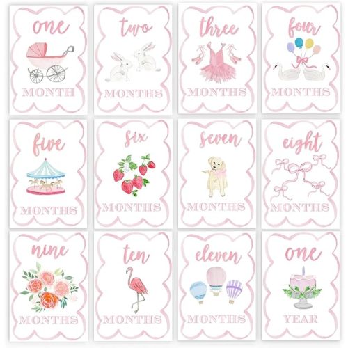 Watercolor Monthly Milestone Cards | Baby Milestone Cards Set, Monthly Markers for for Newborn to 12 Months, Photo Prop, Baby Shower (Pink)