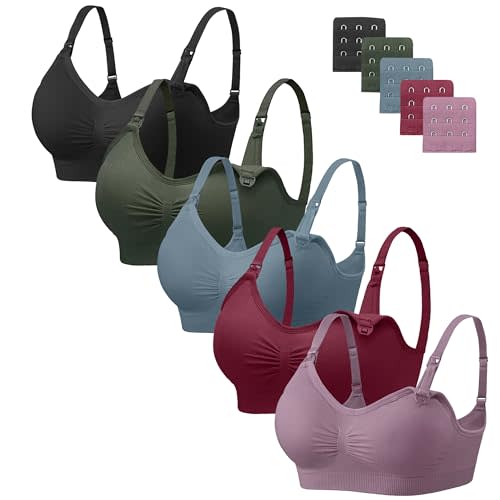 Angelhood Nursing Bra 5 Pack Womens Maternity Breastfeeding Bra Seamless Wireless Sleep Bra with Bra Extenders