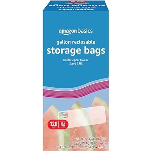 Amazon Basics Reclosable Gallon Food Storage Bags, BPA Free, 120 Count