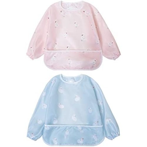 Little Dimsum Baby Bib with Pocket Waterproof Toddler Bibs Infant Feeding Bibs for Boys and Girls, Pack of 2 Colors