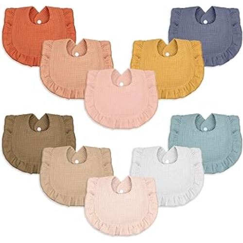 Seematn 10 Pcs Baby Muslin Bibs Drool Bibs Bandana Ruffle Soft Cotton for Newborn Baby Infants Girl Teething Toddlers Boy(Gentle Colors)