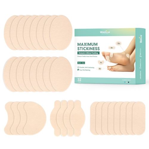 Welnove Moleskin Adhesive Pads for Feet,Blister Bandages for Feet, Mole Skin Patch for Feet Heels, Skin Tape Stickers for Feet - 32 Sheets of 4 Shapes