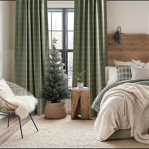 KGORGE 100% Blackout Plaid Curtains 2 Panels, Moss Green Windowpane Check Thermal Insulated Vintage Patterned Grid Drapes for Bedroom Living Room Kids Room, Rod Pocket Back Tab, W52 x L84