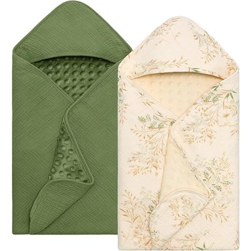 Baby Bath Towels for Newborn 100% Muslin Cotton and Minky Dot Fabric Neutral Hooded Baby Towels Set 2 Pack for Boys Girls Ultra Soft and Absorbent 30 x 30 Inch Green & Plant