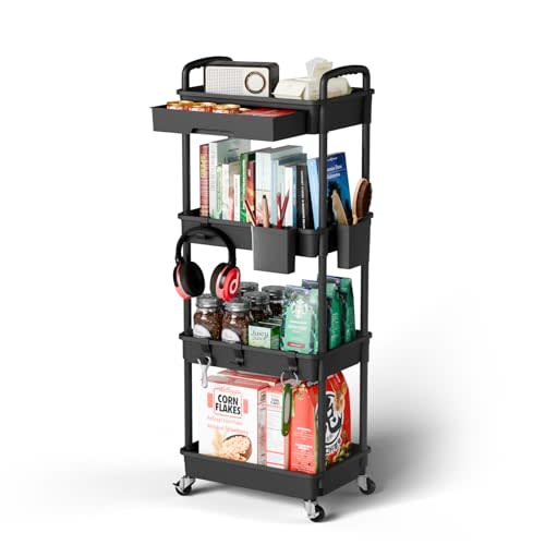Sorgion 4 Tier Rolling Cart Organizer,Art Craft Diaper Bedside Snack Cart Laundry Room Bathroom Organizer Narrow Thin Slim Rolling Trolley Utility Cart with Wheels for Kitchen,Office(Black)