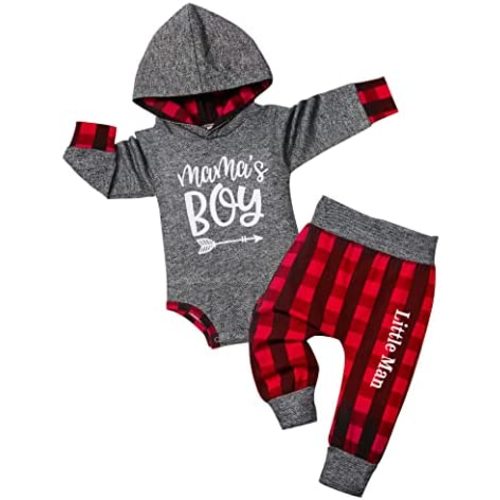 Fommy Newborn Baby Boy Clothes Plaid Letter Print Long Sleeve Hoodies + Long Pants 2PCS Fall Winter Outfits Set