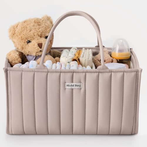 Blissful Diary Baby Diaper Caddy Basket, Baby Shower Caddy for Newborn Boys or Girls, Baby Diaper Caddy Organizer - Baby Gift Registry for Newborn Baby and Baby Must Haves Essentials - Sand
