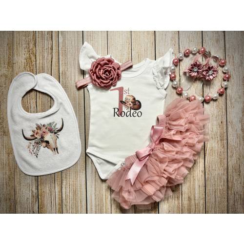 Baby Girl 1st Rodeo - First Birthday Western Theme Outfit - Dusty Pink Tutu - Boho Western Theme Outfit - Cowgirl Western 1st Birthday Set