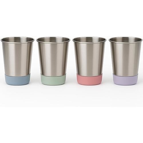 Elk and Friends Stainless Steel Kids + Toddler Drinking Cups | 12oz Tumblers with Colored Base | Durable + Stackable | Travel, Camping + Outdoors | Dishwasher Safe | 4 Pack
