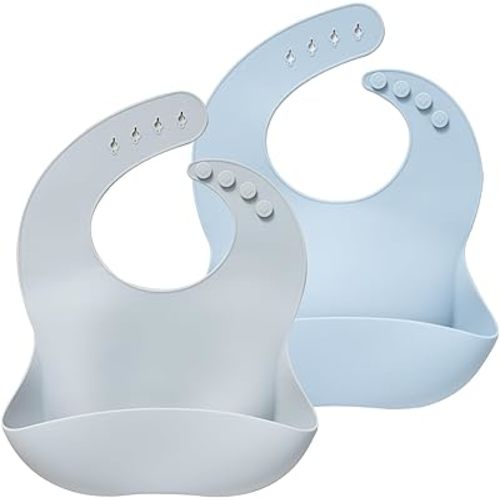 Moonkie Silicone Baby Bibs Set Of 2 | BPA Free Waterproof | Soft Flexible Adjustable Silicone Bibs for Babies & Toddlers(Light Grey/Blue Fog)