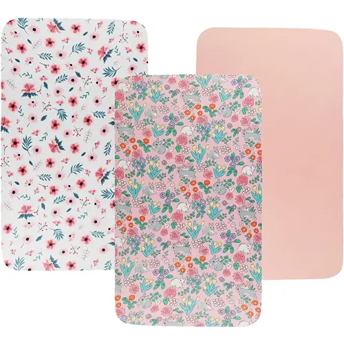 Bassinet Sheet Set 3 Pack (32" x 19") Compatible with Mika Micky, Baby Delight, Dream On Me Bassinet Mattress, Jersey Knit Ultra Soft Flexible for Baby Girls,Floral,Grey Rabbit & Pink