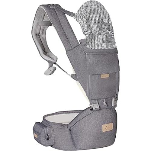FRUITEAM 6-in-1 Baby Carrier with Waist Stool/Hip Seat for Breastfeeding, One Size Fits All - Adapt to Newborn, Infant & Toddler (Greyish)