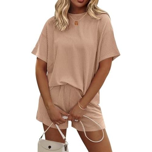 Ekouaer Womens Pajama Sets Short Sleeve Lounge Sets 2 Piece Pjs Tops and Shorts Outfits Matching Loungewear with Pockets