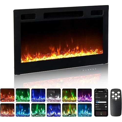 ROVSUN 30'' Electric Fireplace, 2-in-1 Ultra-Thin Wall Mounted & Recessed Fireplace with WiFi & Remote Control & Touch Screen, 1500W Wall Heater with 12 Realistic Flame Color, Timer & Crystal