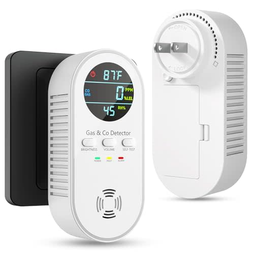 5-in-1 Carbon Monoxide Detectors, Natural Gas Leak Detector, Plug-in & Battery Backup Co Detector, HD Digital Display, CO Gas Temp Humidity Sensor, 1-Pcs, White