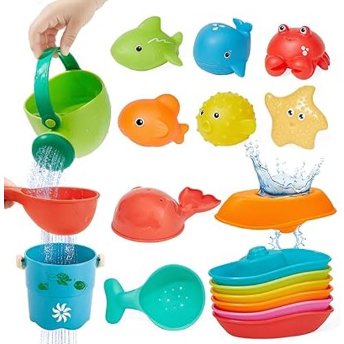 Baby Bath Toys for Kids Ages 1-3, 16PCS | Easy Clean Mold Free Bath Toys Toddlers 2-4 | Bathtub Pool Water Table Toys for Babies & Toddlers | Bath Boats Spoons Bucket Watering Can Tub Toy for Toddlers