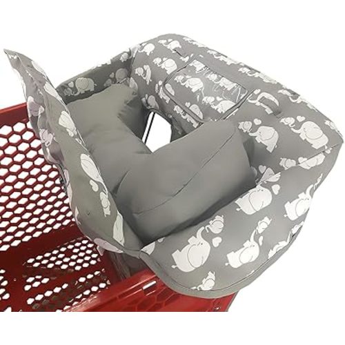 Soft Pillow Attached 2-in-1 Shopping Cart and High Chair Cover for Baby, Cotton Padded Cart Cover, Fold'n Roll Style, Portable with Carry Bag (Elephant)