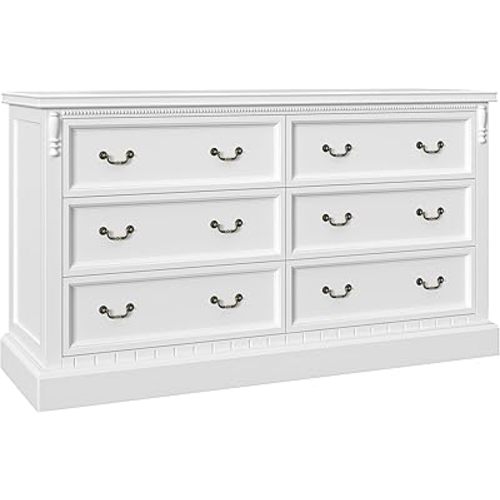 TVU Vintage 6 Drawer TV Stand for Bedroom, Solid Wood White TV Stands & Chest of Drawers with Wide Storage Cabinet (Light White)