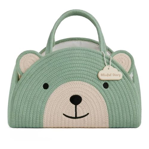 Blissful Diary Baby Diaper Caddy Organizer, Cotton Rope Diaper Caddy Basket, Large Storage Basket, Gift for Baby Shower, Newborn Essentials, Bear Roman Green