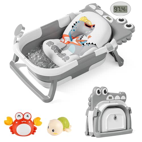 TPN Collapsible Baby Bathtub for Infants to Toddler with Real-time Temp Monitor+Floating Cushion,Foldable Baby Bath Tub Set Applicable 0-36 Month,Perfect Portable Travel Baby Tub for Newborns Boy