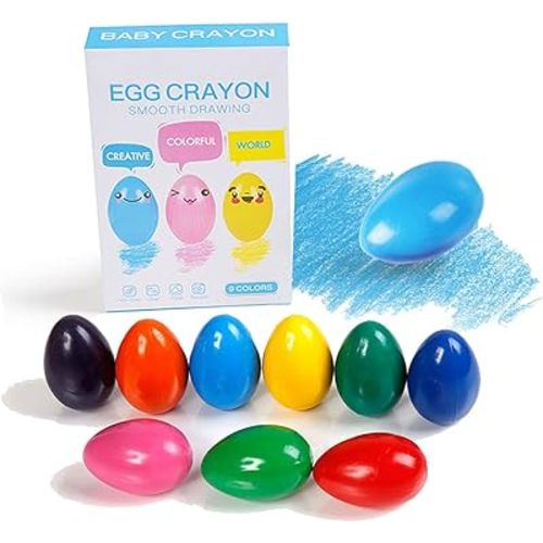 MAGQOO 9 Colors Egg Crayon for Toddlers Baby Palm Grip Jumbo Crayons Easter Egg Gifts Non Toxic Palm Grasp Washable Paint Crayons Stackable Toys