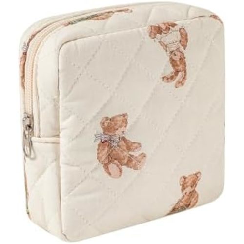 Small Quilted Cotton Makeup Bag for Purse, Cosmetic Bag with Compartments, Cotton Aesthetic Makeup Bag, Travel Toiletry Pouch, Key Pocket Lipstick Bag Card Holder Data Cable Organizer（01White Bear）