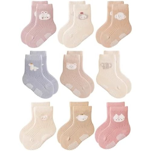 VWU Baby Toddler Socks with Grips Kids Girl Boy Crew Ankle Socks Cotton Anti Slip 0-6T 6/9 Pack