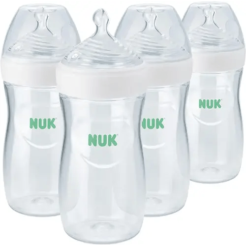 NUK Simply Natural Baby Bottle with SafeTemp, Anti-Colic Vent, and Slow Flow Nipple for Natural Feeding, 9 oz., 4-Pack