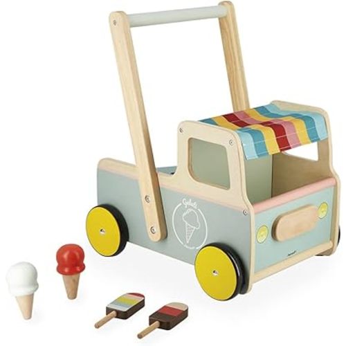 Janod - Janod - Wooden Pull-Along Ice Cream Cart/Trolley - 4 Ice Creams Included - Silent Wheels - Anti-Tip System - FSC-Certified - Water-Based Paint - 1 Year, J08049