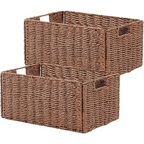 Vagusicc Wicker Storage Basket, Set of 2 Hand-Woven Paper Rope Wicker Basket, Small Storage Baskets for Organizing Toilet Paper, Foldable Large Cube Storage Organizer Bins for Shelves (Brown)