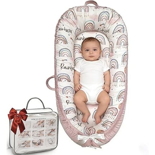 Baby Lounger-Breathable and Soft Organic 100% Cotton, Portable Infant Lounger with Removable Lounger Cover, Baby Nest Lounger for Newborn - Pink Rainbow