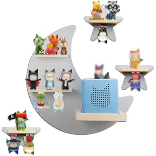Sun3drucker Floating Shelf Wall Mounted Set of 4 (Moon and 3 Stars) for Toniebox Starter Set,Tonie Figures - Magnetic Wooden Shelves Compatible with Toniebox Player Audio Character for Children Room