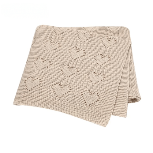 100 % Cotton Luxury Knitted Baby Blanket – Beige Eyelet Hearts – Lilies and Cactus