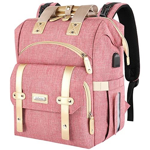 Jiefeike Diaper Bag Backpack, Pink Baby Girls Diaper Bag for Mom, Travel Baby Bags Backpack for Women, Insulated Pockets Portable toddler diaper bag with USB Charging Port, RFID Anti-Theft Pocket