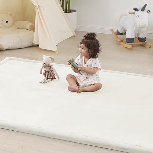 1.5" Thick Padded Baby Play Mat for Floor Tummy Time, Pro Soft Foam Activity Playroom Playmats, Easy Care with Non-Slip Safe for Infant Toddler Kids Crawling 59"x 71" (Cream)