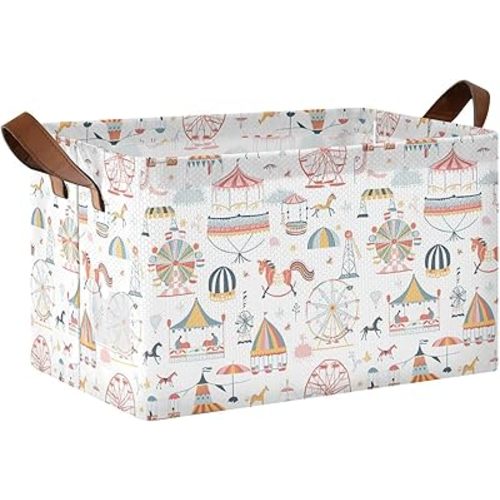 YNNALE Ferris Wheel Theme Park Baby Storage Basket with Labels&Handles Rectangular Waterproof Nursery Storage Bins Collapsible Shelf Organizer Baskets for Kids Books Cloth Gift Toys Laundry