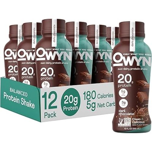 OWYN Only What You Need Plant Based Protein Shake, Dark Chocolate, 20g Vegan Protein from Organic Pumpkin seed, Flax, Pea Blend, Omega-3, Prebiotic supplements, Gluten and Soy-Free, (12 Pack)