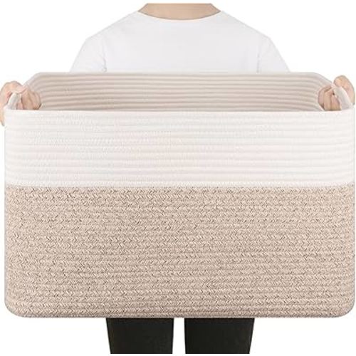 75L Large Blanket Basket, Toy Basket Bin for Kids, Cotton Rope Woven Storage Basket for Living Room, Nursery, Baby Room Decorative Organizer, 22''×17''×12'', Brown and White