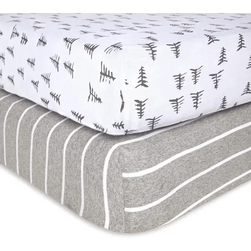 Burts Bees Baby Fitted Crib Sheet Organic Cotton BEESNUG - Pine Forest and Stripe Prints, Fits Unisex Standard Bed and Toddler Mattress, Infant Essentials, 28 x 52 x 5.5 Inch 2-Packs