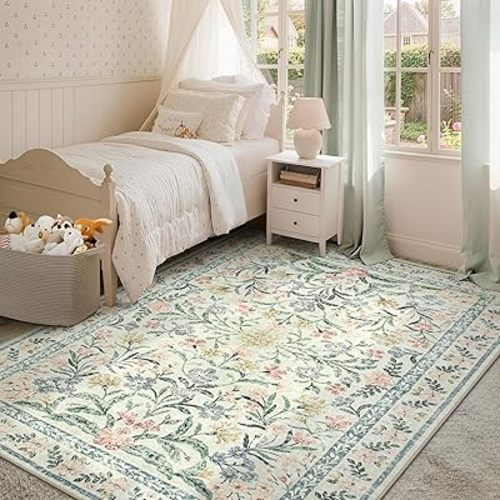 Morebes Floral Machine Washable Area Rugs 5x7, Vintage Boho Nursery Rug Girl Non-Slip, Flower Indoor Floor Throw Carpet for Living Room Bedroom Kitchen Playroom Home, White/Multi