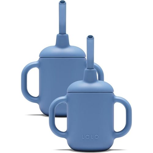 Lalo Little Cup 2-Pack, Non-Toxic Silicone Straw Cup with Handles - Baby and Toddler Sippy Cup - Mini Cup and Straw Training System, 4oz, Blueberry
