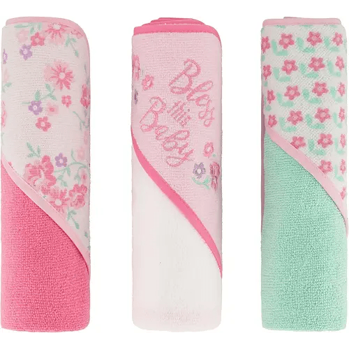 Cudlie Buttons & Stitches Baby Girl 3 Pack Rolled/Carded Hooded Towels in Bless This Baby Print, GS71730